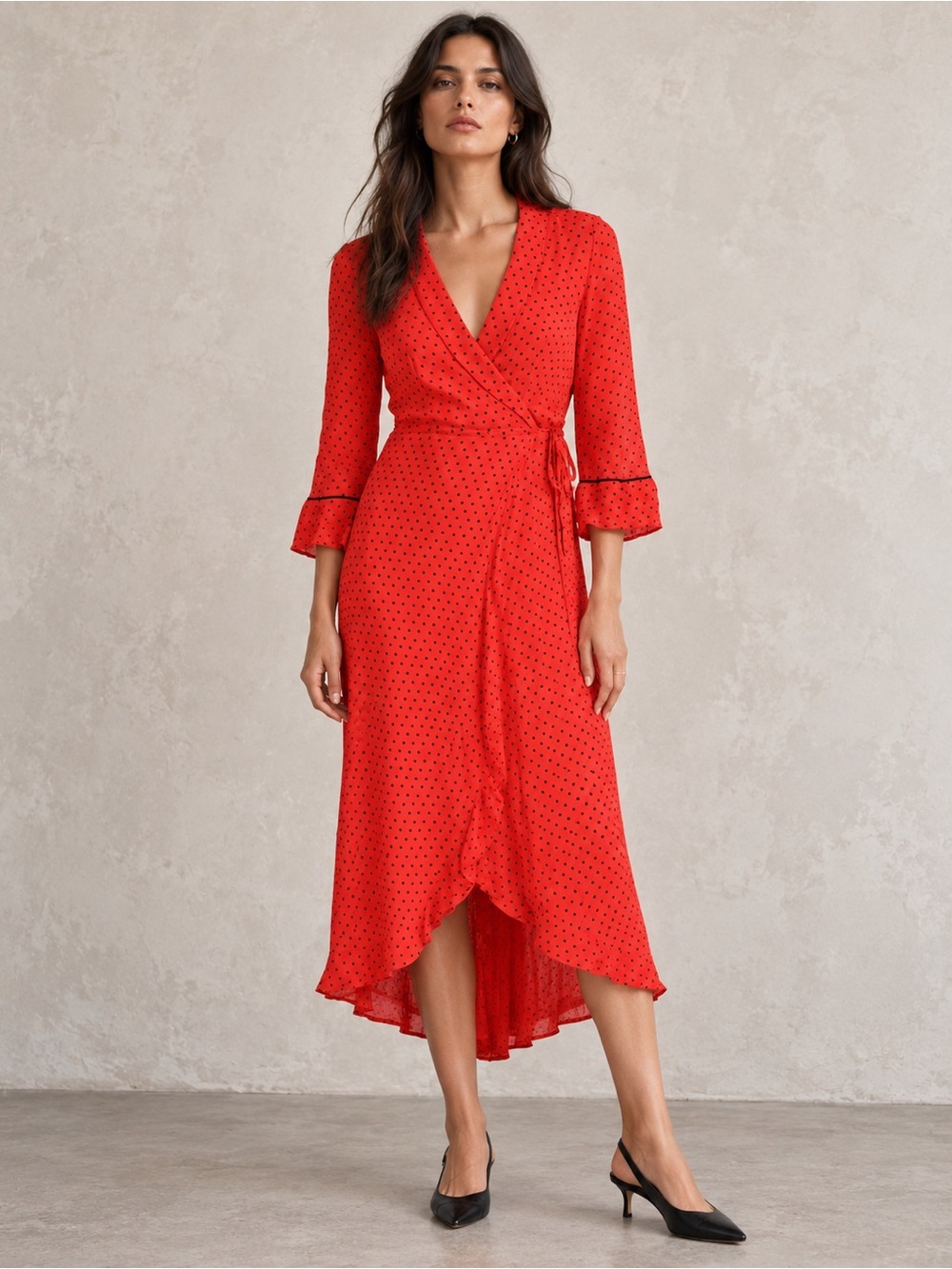 GANNI Mullin Georgette Red Polka Dot Asymmetric Wrap Dress EU 34 XS NWT